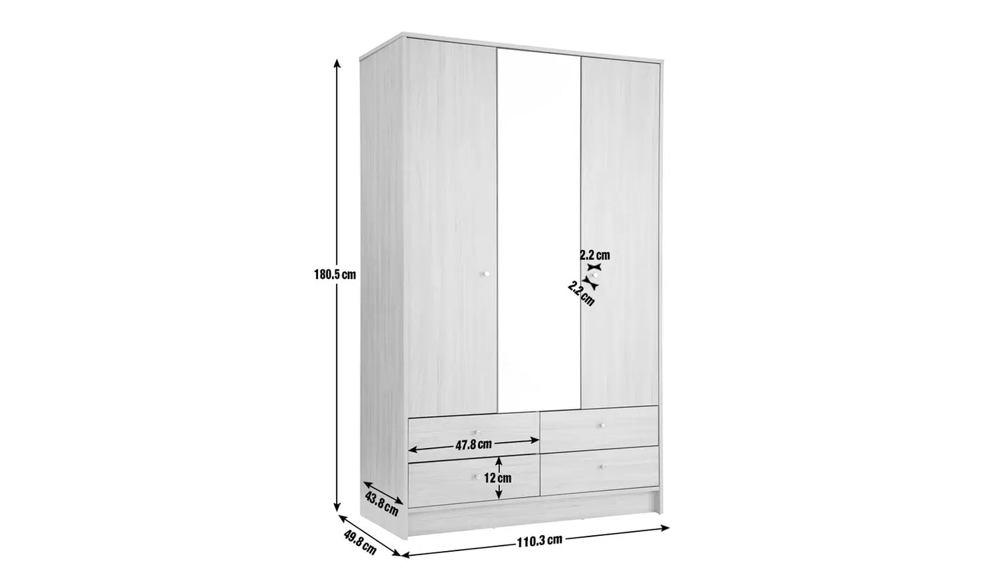 Malibu 3 Door 4 Drawer Mirror Wardrobe - Oak Effect
